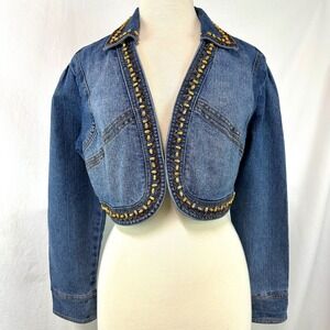 CREST Y2K 2000s Blue Denim Jean Cropped Jacket Beaded Women's XL Western Retro